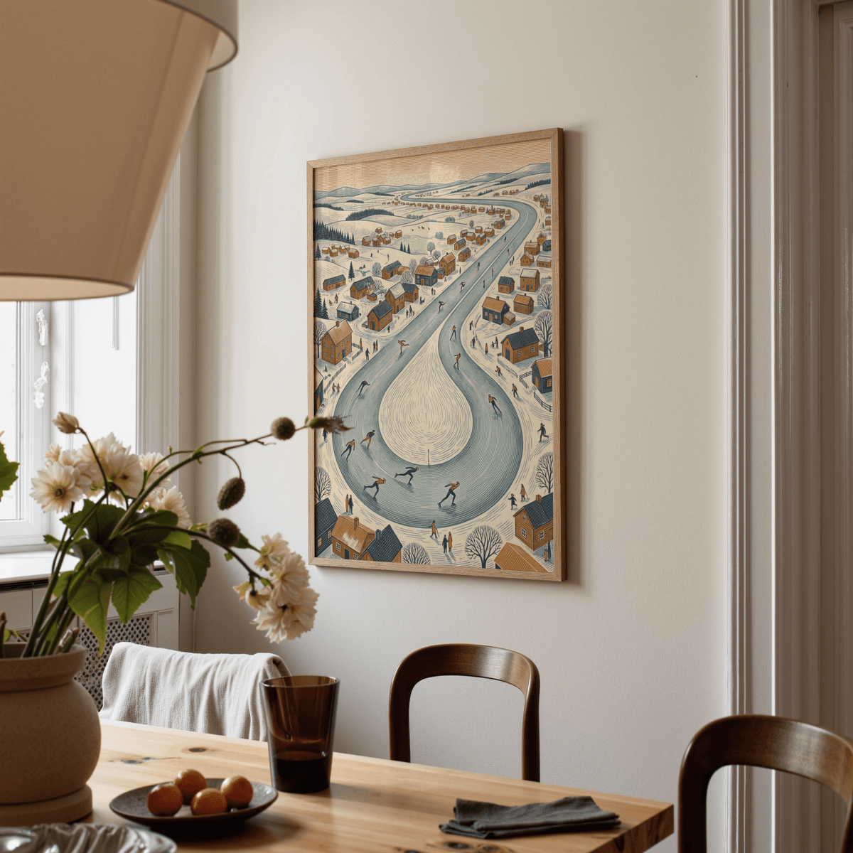 Winter Village Scene poster with Beige cottages and Blue path for studio decor