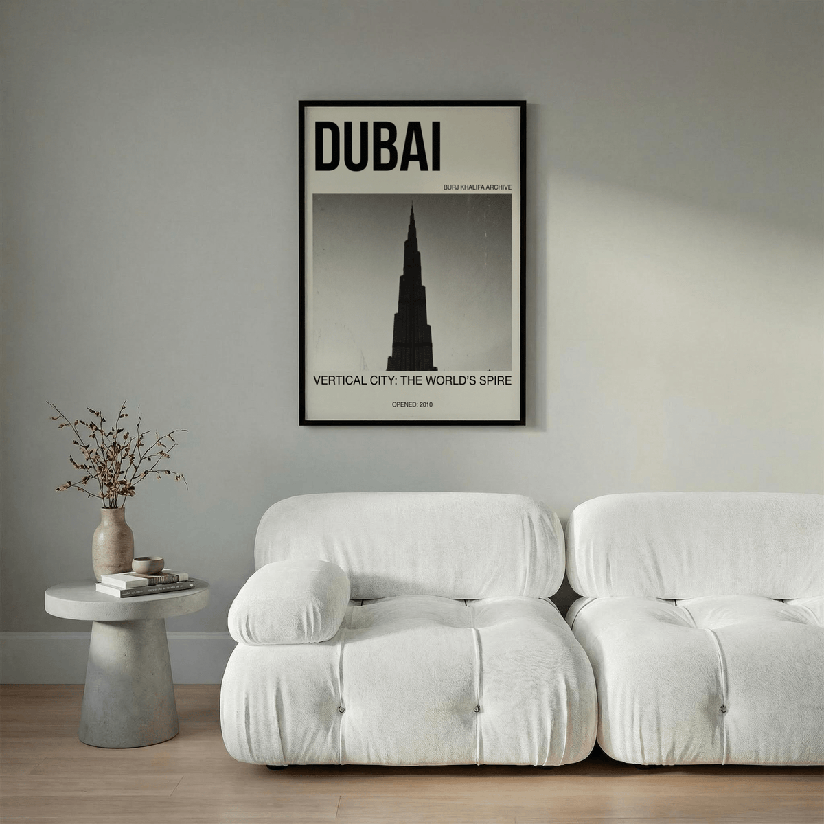 Detail crop of Burj Khalifa Art Print highlighting the stepped tower silhouette and contrast-heavy photo