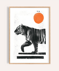 Focused side-profile tiger poster with circular sun and textured marks