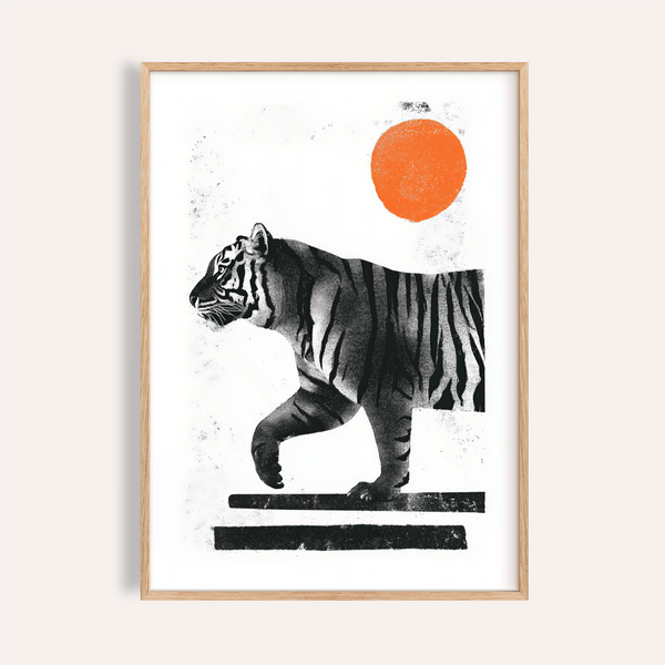 Focused side-profile tiger poster with circular sun and textured marks