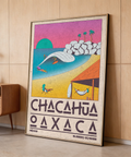 Graphic beach wall art print with hammock under hut, swimmers in the bay, and textured sky