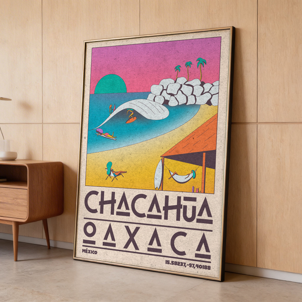 Graphic beach wall art print with hammock under hut, swimmers in the bay, and textured sky