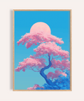 Japanese Cherry Blossom Print with pink, blue, and white for bedroom wall art