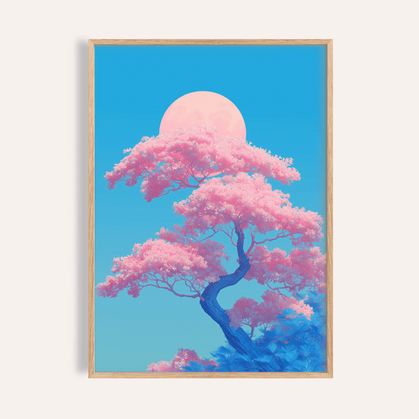 Japanese Cherry Blossom Print with pink, blue, and white for bedroom wall art