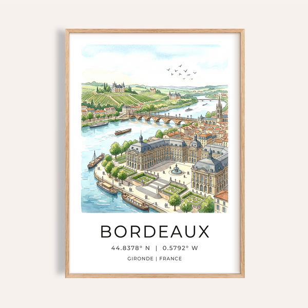 Panoramic Bordeaux City Art poster showing river, arched bridge, boats, and chateau on vineyard hills