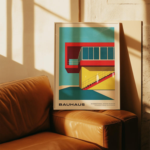 Bauhaus-style building with staircase detail featured in art mid century modern decor.