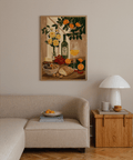Still Life Kitchen Art multicolored print with green accents for breakfast nook