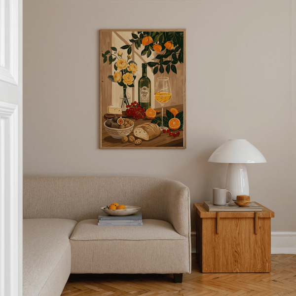 Still Life Kitchen Art multicolored print with green accents for breakfast nook