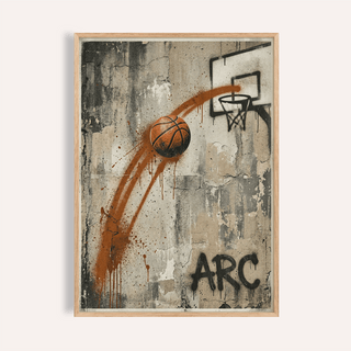 Action-focused Basketball Graffiti Wall Art poster showing ball arc toward hoop on cracked concrete wall