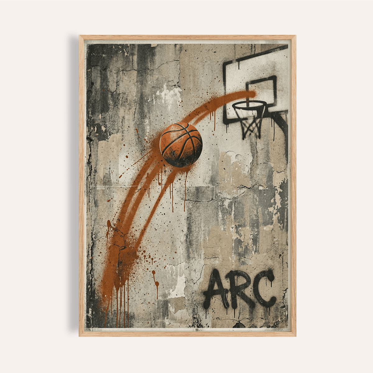 Action-focused Basketball Graffiti Wall Art poster showing ball arc toward hoop on cracked concrete wall