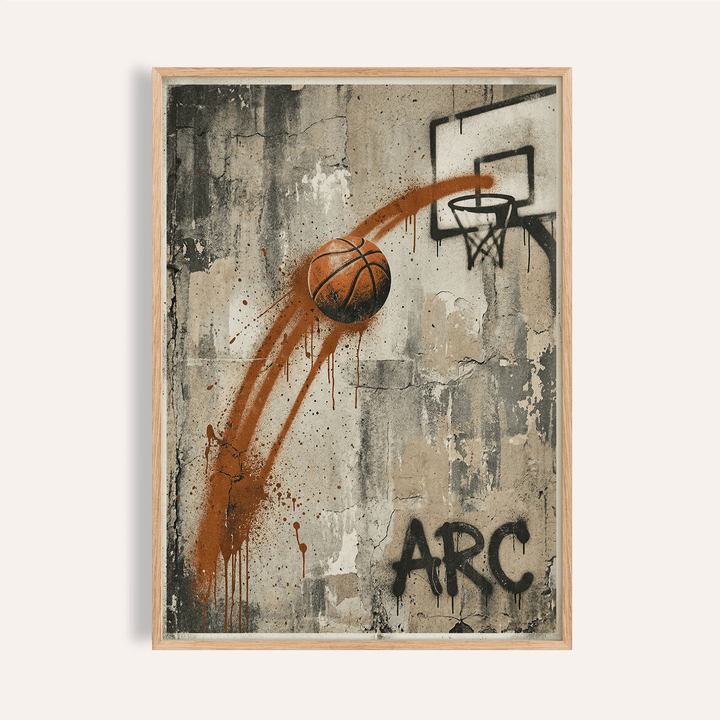 Action-focused Basketball Graffiti Wall Art poster showing ball arc toward hoop on cracked concrete wall