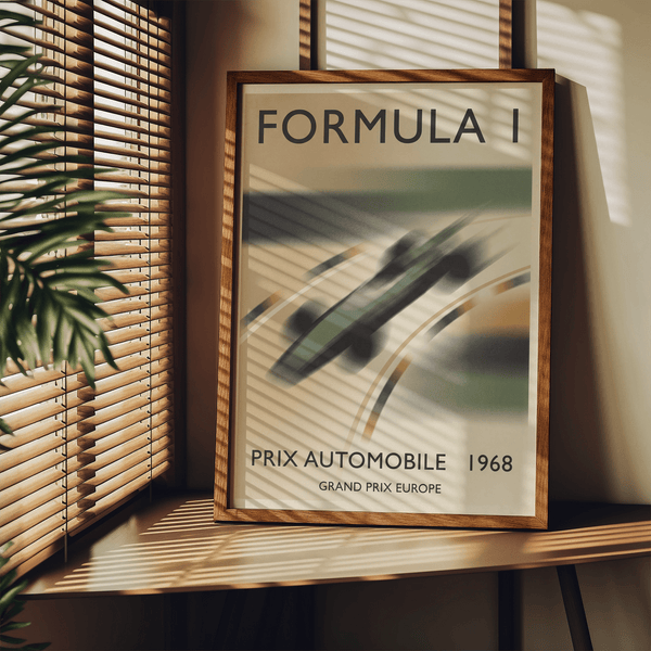 Graphic motorsport poster print showing FORMULA 1 title and Prix Automobile 1968