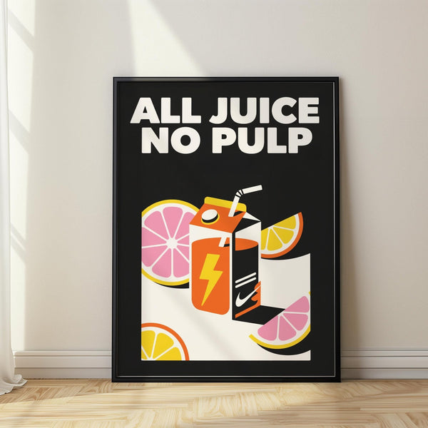Pop art poster with vibrant juice box and citrus slices on black background.