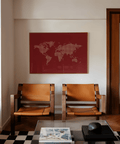 Modern wall art of World Map Wall Poster in red and beige poster format