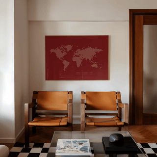 Modern wall art of World Map Wall Poster in red and beige poster format