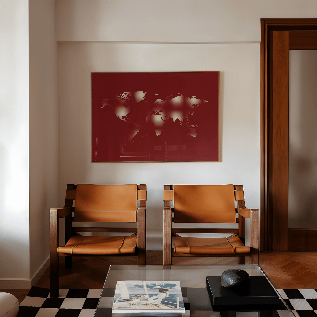 Modern wall art of World Map Wall Poster in red and beige poster format