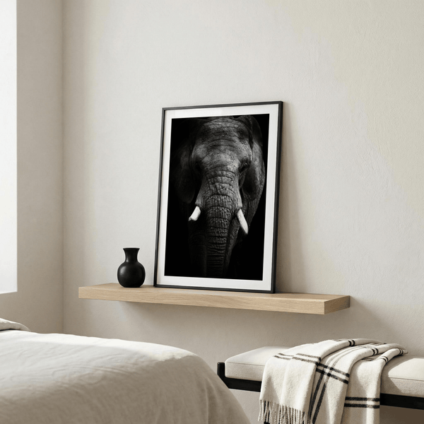 Monochrome elephant print showing forehead creases and tusks