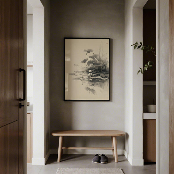 Traditional ink lotus flower wall art for serene home decoration.