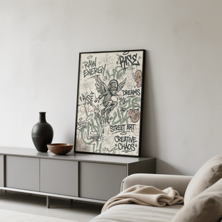 Illustrated Street Art Poster featuring airborne character, spray-paint tags, and scribble marks