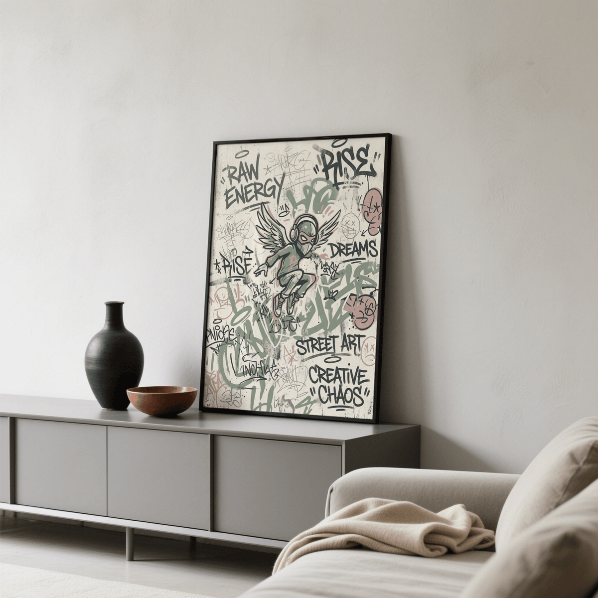 Illustrated Street Art Poster featuring airborne character, spray-paint tags, and scribble marks