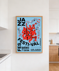 Retro-style music poster print with band figures and scattered note symbols