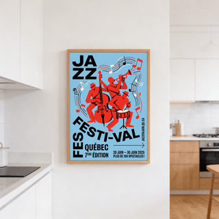 Retro-style music poster print with band figures and scattered note symbols