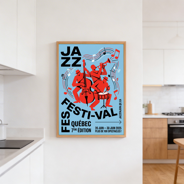 Retro-style music poster print with band figures and scattered note symbols