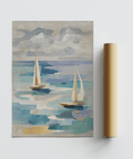 Coastal gray Sailboat Water Art for entryway wall art in blue tones