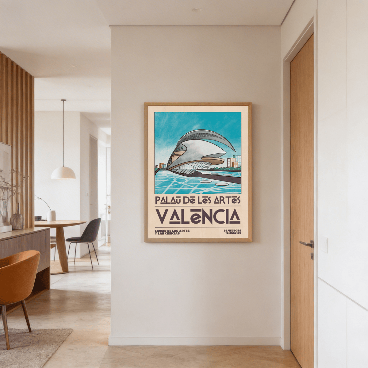 Vintage-style city poster print with landmark building, shoreline path, and skyline blocks