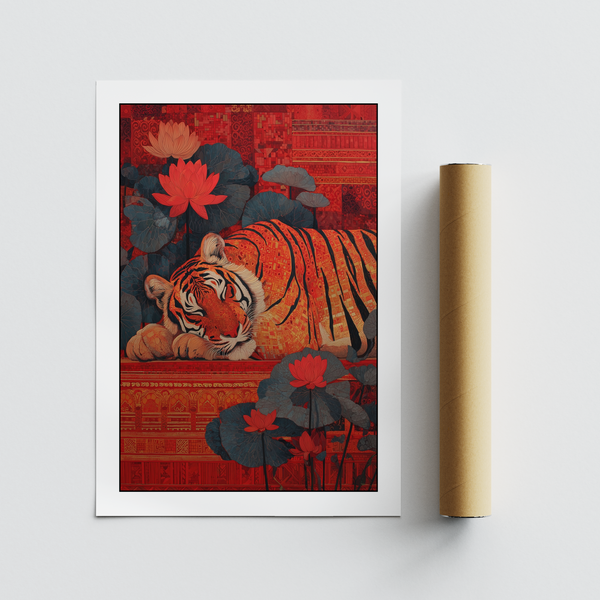 Graphic animal art featuring curled tiger, lotus blooms, and textured geometry