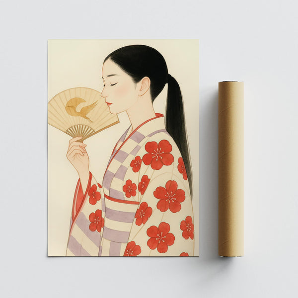 Delicate Japanese portrait artwork with kimono and fan, done in Modern Japanese Art.