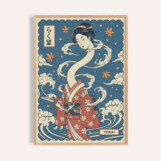 Featuring a long-neck yokai figure, this Yokai Art Print poster shows swirling clouds and falling leaves