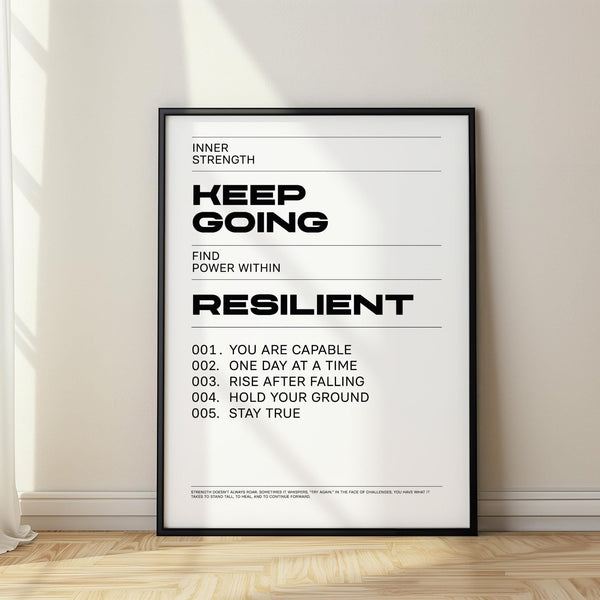 Keep Going Poster in bold black and white typography with empowering message.