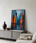 Abstract City Poster showcasing city skyline in black, gray, and orange for hallway
