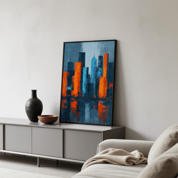 Abstract City Poster showcasing city skyline in black, gray, and orange for hallway