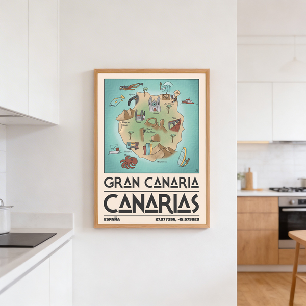 Travel map illustration poster with diver, octopus, and sailing boat around the island