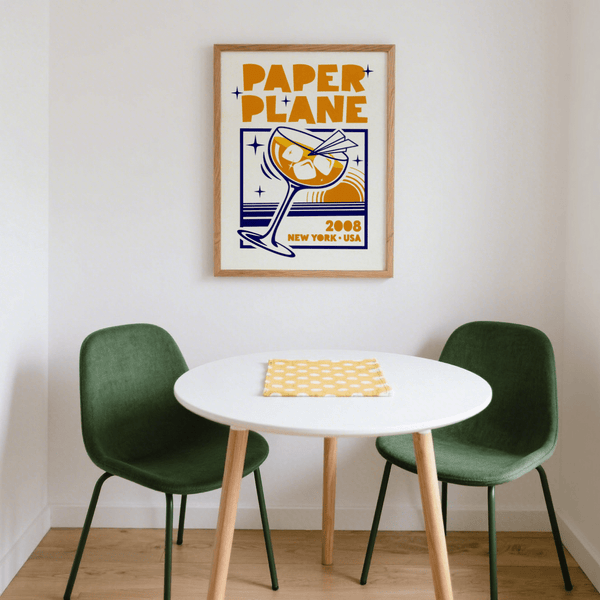 Paper Plane Cocktail Poster, orange blue accent art for lounge room