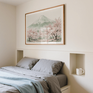 Soft brush texture detail on pink blossoms against misty mountain background
