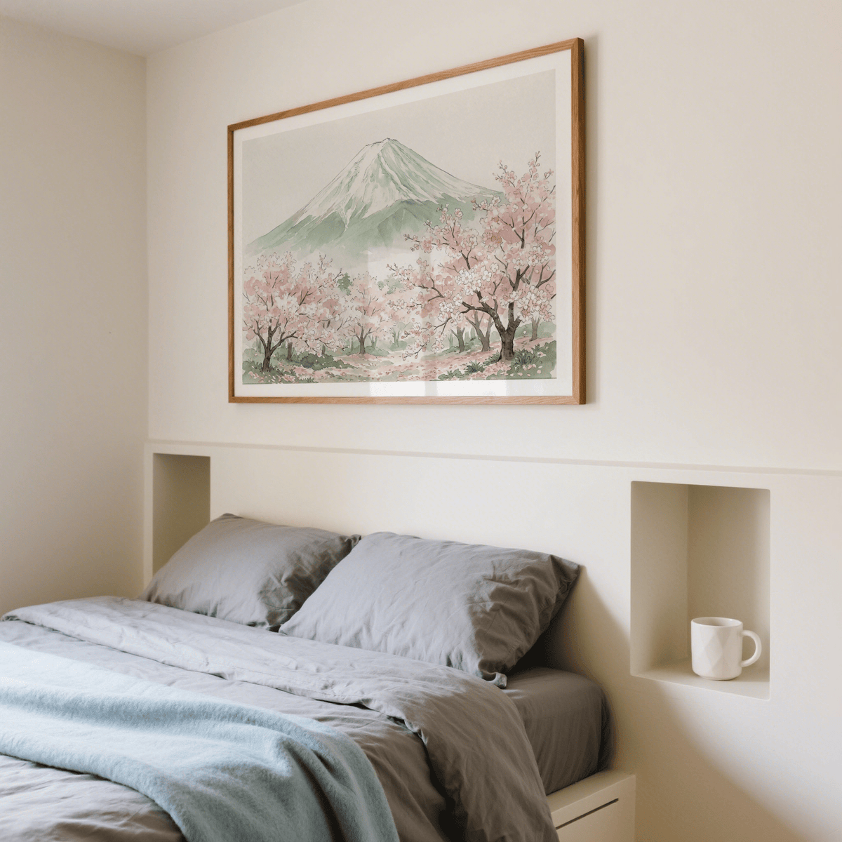 Soft brush texture detail on pink blossoms against misty mountain background