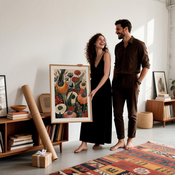Burnt orange wall art held by two people in a modern room with shelves and a rug