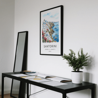 Illustrated Santorini coastal poster showing blue domes, windmill, and sea