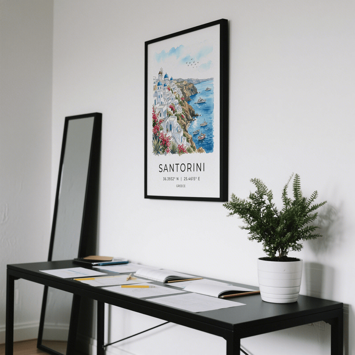 Illustrated Santorini coastal poster showing blue domes, windmill, and sea