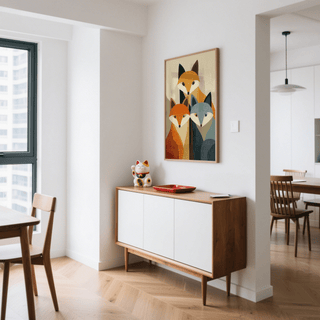 Vertical Wildlife Fox Art Print wall art featuring a trio of fox faces in Orange, Blue, Beige, Yellow