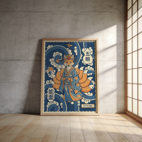 Blue, Beige, White, Orange wall art print of a kitsune in kimono framed by curling wave forms
