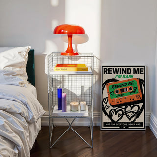 Bold retro cassette wall art with 90s-style graphics and doodles.