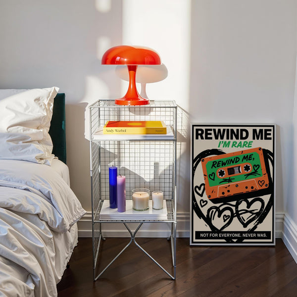 Bold retro cassette wall art with 90s-style graphics and doodles.