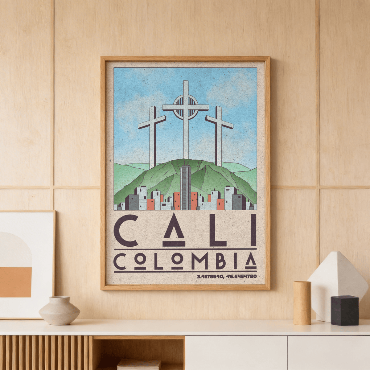 Framed Cali Colombia Art Print hanging above wooden console