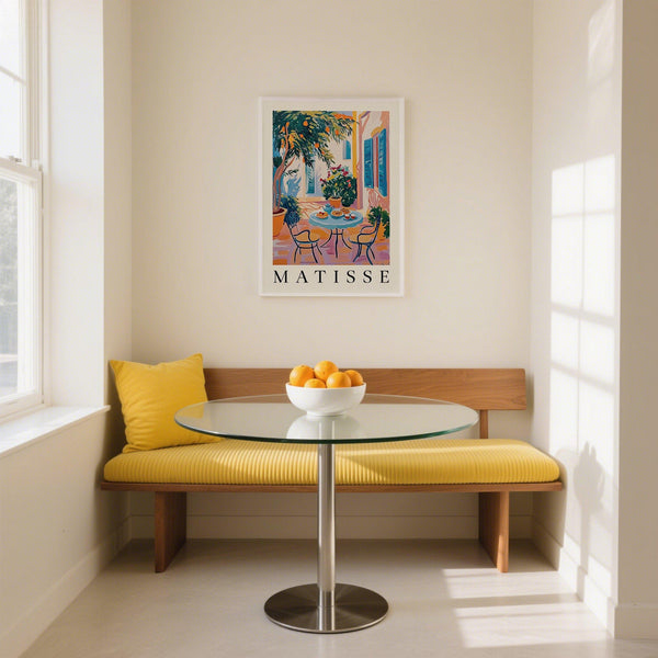 Citrus branches and a breakfast table in this lively wall art Mediterranean poster.