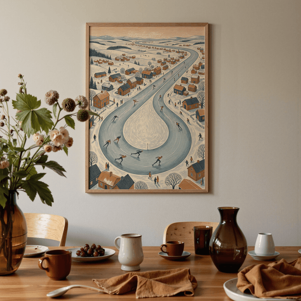 Winter Village Scene art print designed for living room with Orange highlights