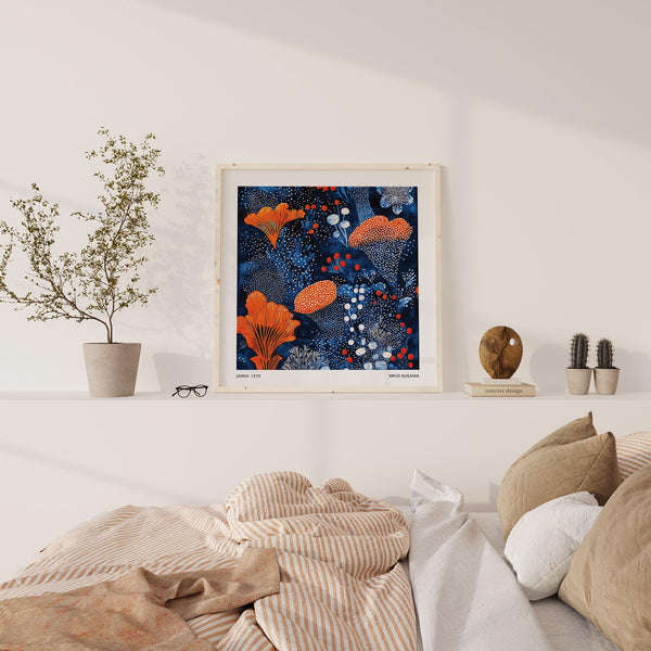 Graphic Blue Orange Wall Art with coral stems and Kusama-inspired patterns.